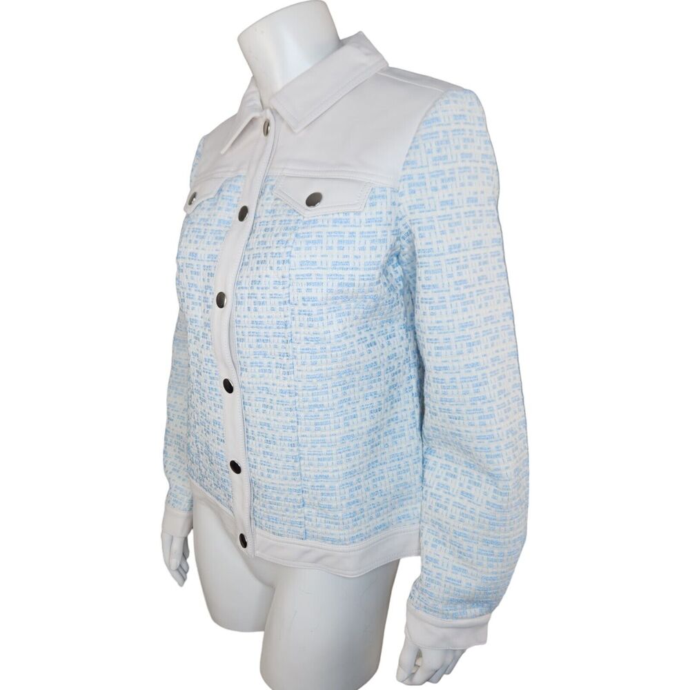 Dennis Basso Mixed Media Faux Leather and Tweed Jacket Light Blue Size 2‎ - Picture 5 of 16